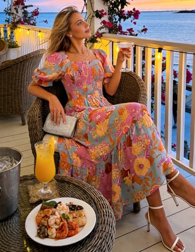 ZESICA Women's 2025 Summer Boho Floral Print Square Neck Ruffle Swing Beach Long Maxi Dress,GreyGreen,Large
