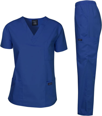 Medical Scrubs Set Unisex - V-Neck Top and Elastic Waist Pants Uniform for Healthcare Workers Galaxy Blue