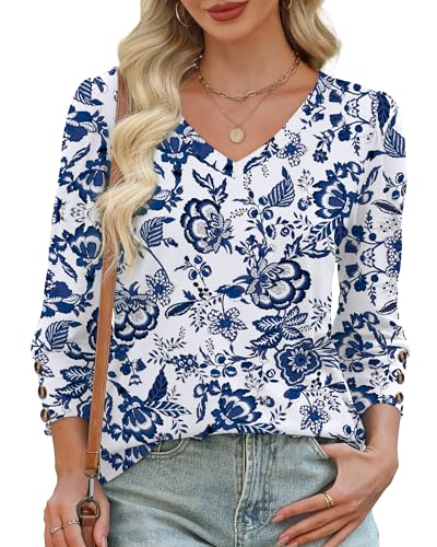 XIEERDUO Plus Size Womens Clothing Summer Tops 2026 Beach Fashion Vacation Clothes 3/4 Length Sleeve Womens Tops Fall Fashion Outfits Blouses Shirts F-White Tribal Blue Floral XXL