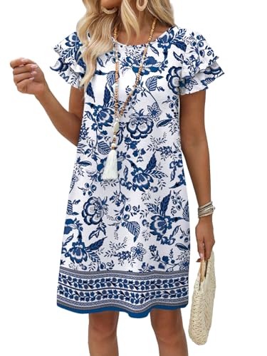 OFEEFAN Womens Summer Dresses 2026 Ruffle Sleeve Round Neck Loose Swing Sundresses with Pockets Plain/Print