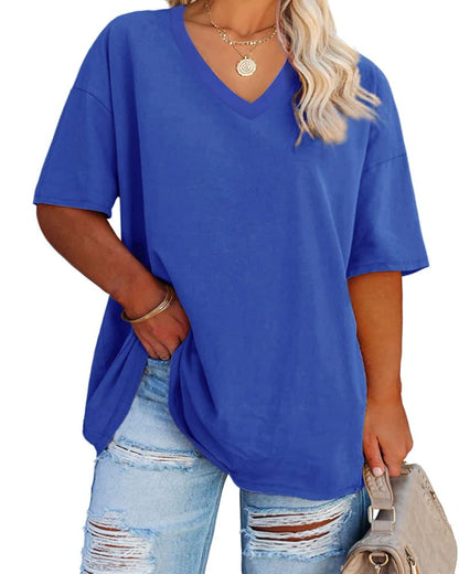 Cato Fashions Online - Women's Plus Size V-Neck Cotton T-Shirts - Summer Half Sleeve Casual Loose Fit Tunic Tops Blue