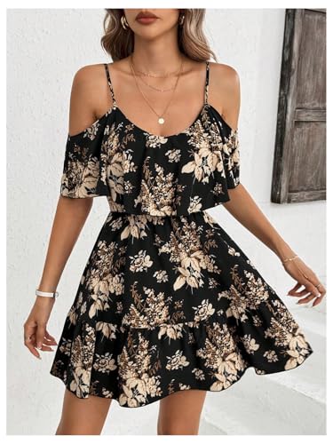 SOLY HUX Women's Boho Floral Print Cold Shoulder Dress Short Sleeve Ruffle A Line Vacation Elegant Mini Dresses Black Large