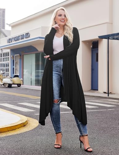 Women's Plus Size Long Sleeve Waterfall Asymmetric Drape Open Long Maxi Cardigan (Black, 5XL)