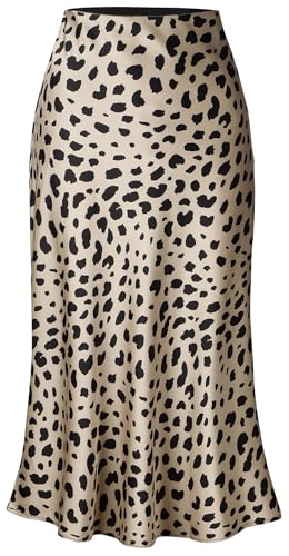 Keasmto Leopard Skirt for Women Midi Length High Waist Silk Satin Elasticized Cheetah Skirts M