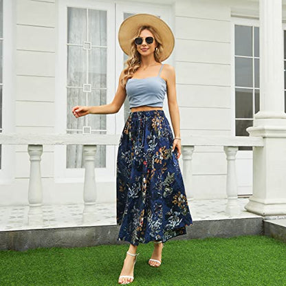Abaadlw Maxi Skirts for Women with Pockets Long Midi Length Casual Skirt for Beach Party Holiday (A31 Blue Floral L)