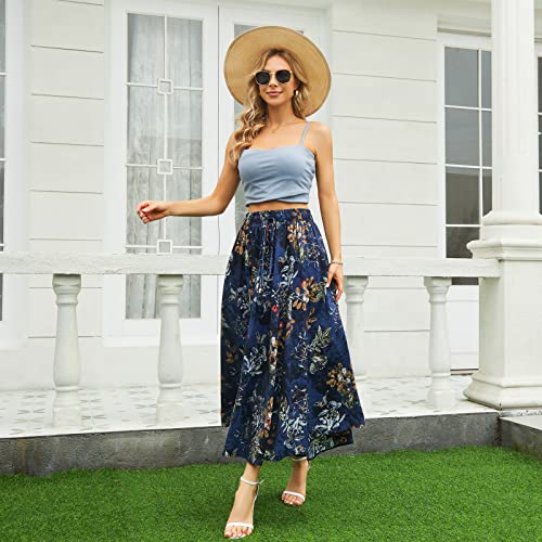 Abaadlw Maxi Skirts for Women with Pockets Long Midi Length Casual Skirt for Beach Party Holiday (A31 Blue Floral L)