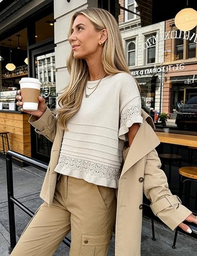 Yeokou Womens Short Sleeve Sweater Round Neck Ruffled Hem Knit Crochet Pullover Summer Fall Casual Top Blouse(Khaki-M)