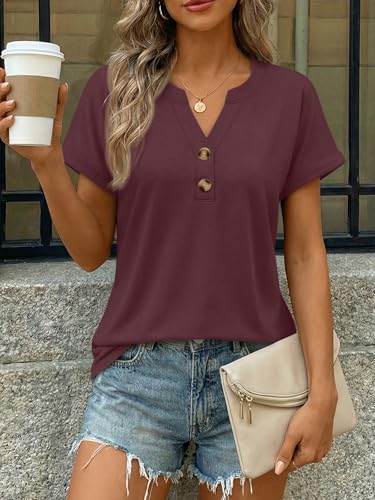 AUTOMET Womens Spring Tops 2026 Short Sleeve Shirts Henley Dressy Casual Blouses V Neck Fashion Tunics Trendy Flowy Clothing Burgundy L