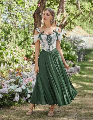 Scarlet Darkness Women Casual Maxi Skirt Flowy Bohemian Renaissance Long Skirts Olive Green S