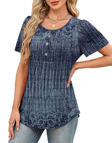 Boho Tops for Women Plus Size Fashion Clothing Babydoll Short Sleeve Shirts Dressy Casual Blouses Tuck Pleated Business Work Clothes Navy M