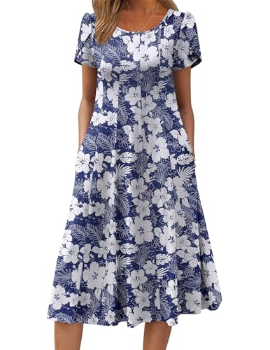 Zeagoo Boho Summer Dresses for Women 2026 Plus Size Midi Dress with Pockets Casual Floral Boho Dress, Deep Blue Flower,XXL