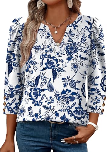 Boho Tops for Women 3/4 Length Sleeve Womens Tops Blouses Dressy Casual Early Fall Fashion 2026 Spring Outfits for Teachers Plus Size Summer Women's Clothing Trendy Fall Clothes Blue Floral 2XL