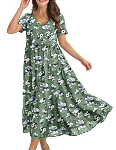 YESNO Women's Summer Maxi Dresses Casual Floral Short Sleeve V Neck Boho Beach Vacation Swing Dress with Pockets 2XL EVF CR469