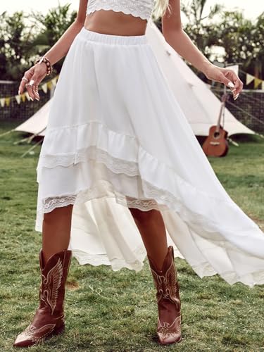 Verdusa Women's Western Cowgirl Lace Skirt Boho Asymmetrical Skirts Country Concert Outfits White X-Small