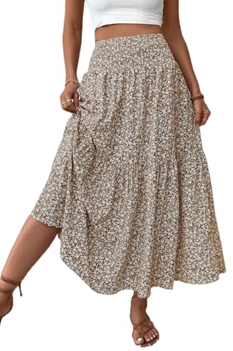 TuoGo Women's Smocked High Waist Maxi Long Skirt with Pockets (L,932-Khaki Floral)