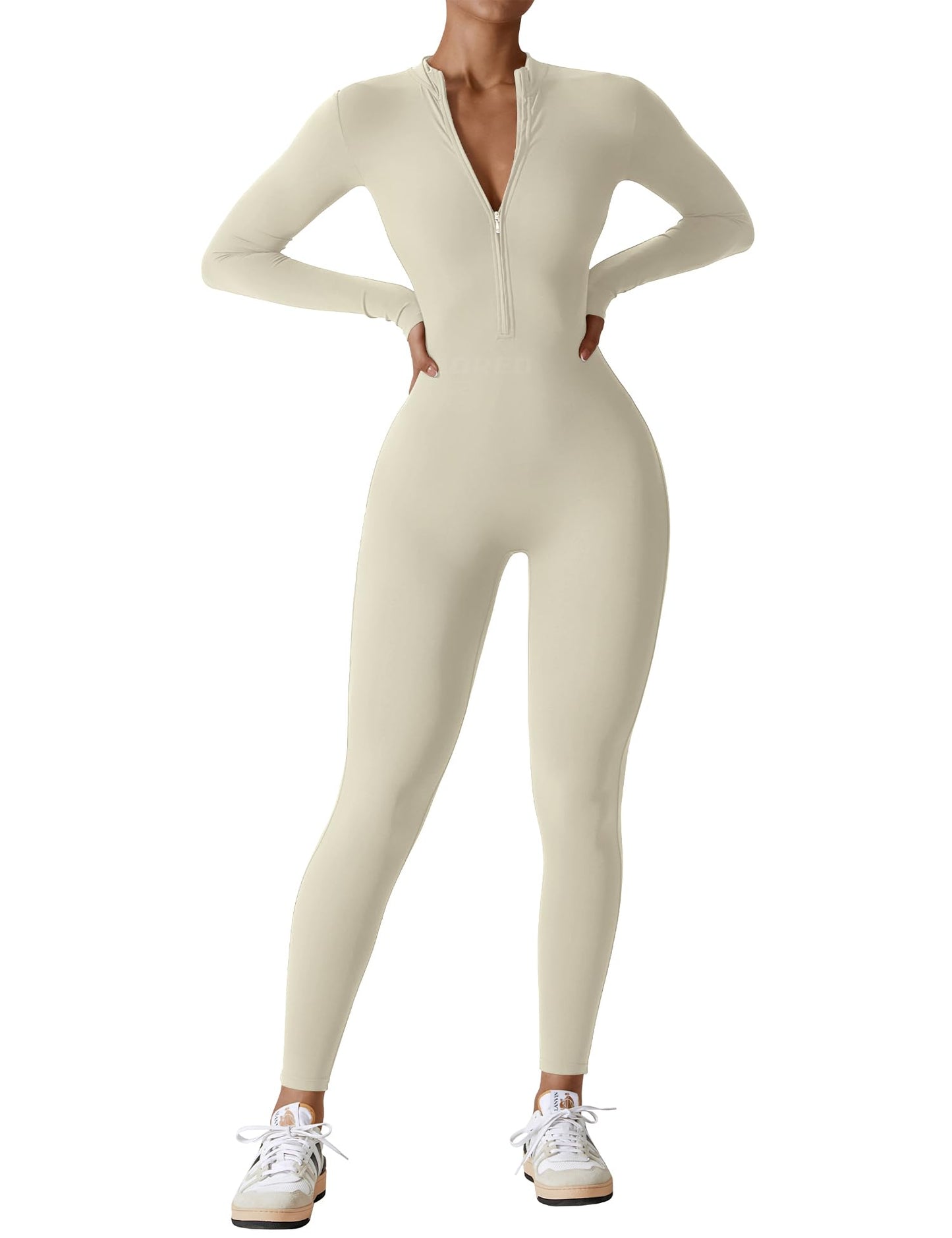 Women's Long Sleeve Workout Jumpsuit - Zip Up Bodycon Romper One Piece Cream