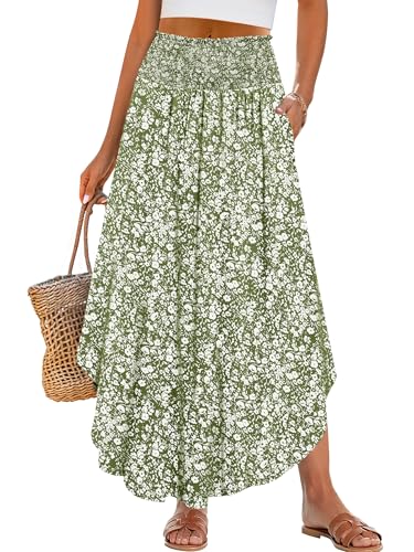 ANRABESS Women's Maxi Skirts Summer Boho Floral High Waisted Flowy Swing Pleated Beach Long Skirt with Pockets Green Large