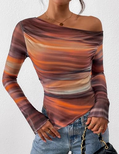 PRETTYGARDEN Womens Fall Trendy Off Shoulder Y2k Tops 2026 Tie Dye Mesh Long Sleeve Shirts Asymmetrical Ruched Floral Blouse (Floral Brown,Medium)