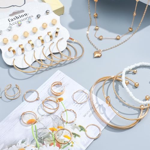 NEWITIN 49 Pieces Gold Jewelry Set for Women Fashion Costume Jewelry Gold Plated Necklace Bracelet Ring Earrings Set for Women