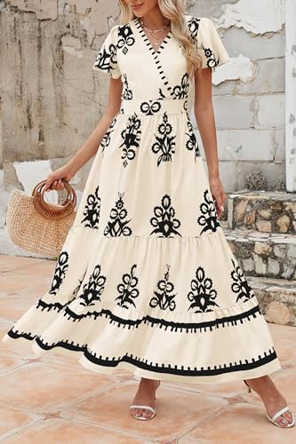 PRETTYGARDEN Womens 2026 Summer Casual V Neck Boho Maxi Dress Flowy Aline Bell Sleeve Tiered Floral Dresses with Pocket (Floral Apricot Black,Medium)