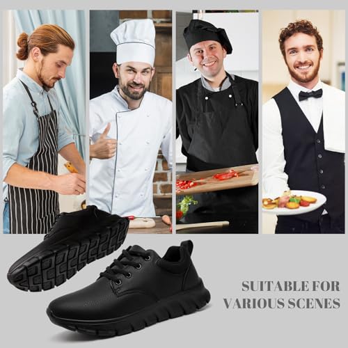 Mens Non Slip Work Shoes Waterproof Oil-Proof PU Leather Food Service Restaurants Kitchen Chef Shoes Comfy Walking Sneakers Lightweight Classic Stylish Casual Office Footwear A All Black