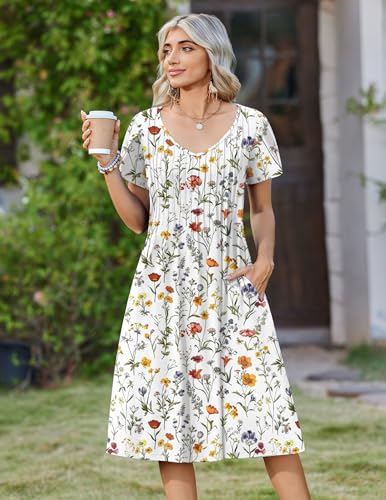 Zeagoo Womens Midi Dresses with Pockets Short Sleeve Dress for Women Long Summer Dresses 2026 Travel Floral Sundress White XL