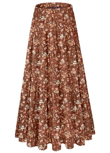 NiPaMi Women's Chiffon White Flowy Maxi Skirt Boho Fall Elastic Waisted Pleated A Line Long Skirts for Women 2025(Brown flowers-69,M)