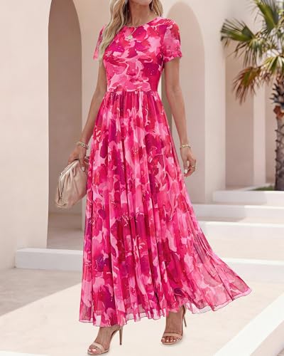 BTFBM Summer Dresses for Women 2026 Formal Short Sleeve Floral Homecoming Dress Maxi Wedding Guest Vacation Outfits(Floral Pink,Large)