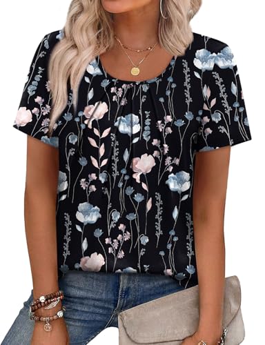 WIHOLL Blouses for Women Dressy Casual Summer Scoop Neck Trendy Tops 2026 Short Sleeve Business Work Office Tshirts Shirts Black Floral Print 2XL