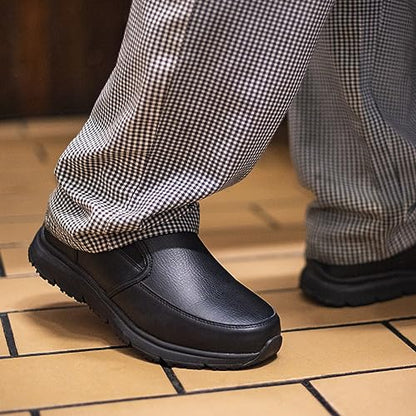 HISEA Non Slip Work Shoes for Men, Water & Oil Resistant Leather Slip on Kitchen Shoes, Comfortable Mens Slip Resistant Chef Shoes for Restaurant Food Service, Lightweight Walking Shoes, Black