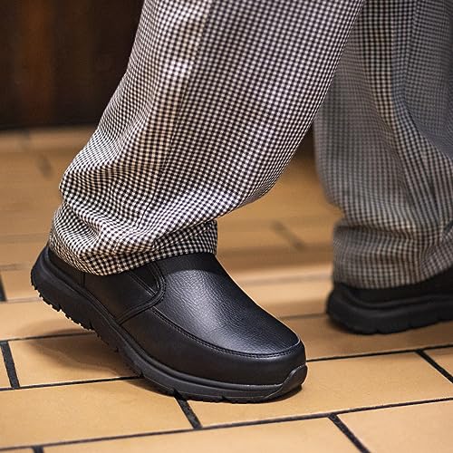 HISEA Non Slip Work Shoes for Men, Water & Oil Resistant Leather Slip on Kitchen Shoes, Comfortable Mens Slip Resistant Chef Shoes for Restaurant Food Service, Lightweight Walking Shoes, Black