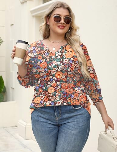 Rapbin Womens Plus Size Tops 3X V Neck 3/4 Sleeve Print Shirts Casual Loose Floral Peasant Blouse Bohemian Clothes (Black Orange Floral 3XL)