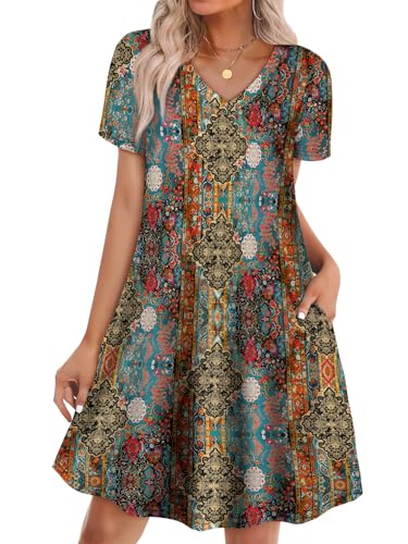 Plus Size Dresses for Curvy Women Resort Wear Womens Casual Tshirts Dresses with Pockets Summer Boho Fashion 2026 Beach Vacation Clothes Short Sleeves Western Outfit Flowy Sundress Multicolor 2XL