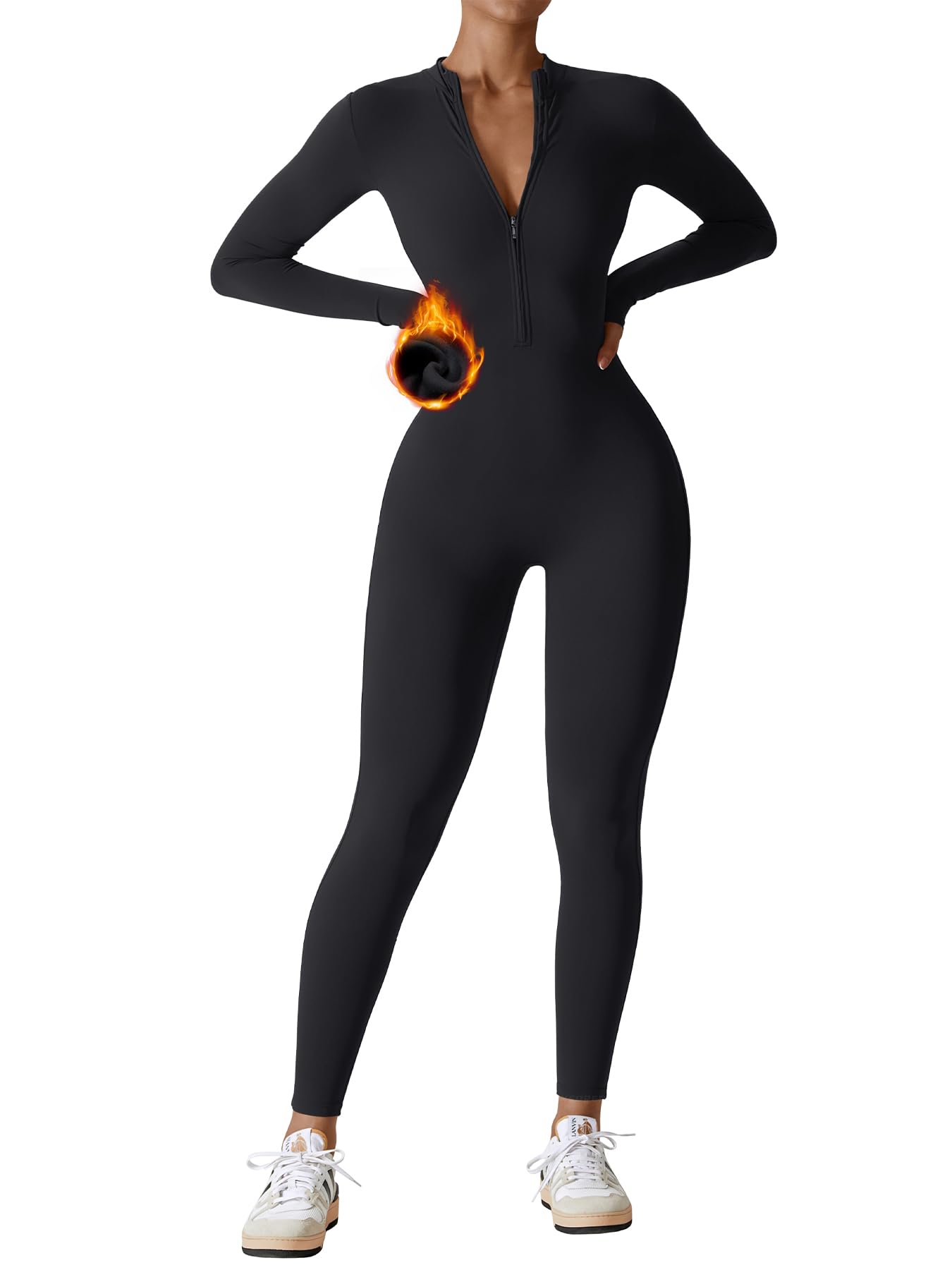 Women's Long Sleeve Workout Jumpsuit - Zip Up Bodycon Romper One Piece