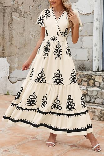 PRETTYGARDEN Womens 2026 Summer Casual V Neck Boho Maxi Dress Flowy Aline Bell Sleeve Tiered Floral Dresses with Pocket (Floral Apricot Black,Medium)