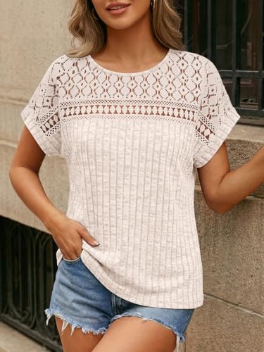 AUTOMET Womens Lace Short Sleeves Shirts Crochet Spring Loose Tops Dressy Business Casual Blouses Summer Fshion Tunics Apricot L