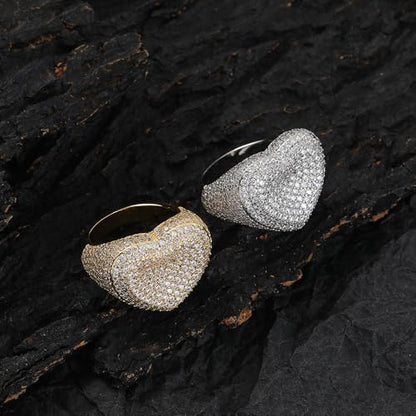 Gryvox Heart Shaped Moissanite Ring with Full Pavé Setting, Unisex Hip Hop Band with Comfort Fit, Romantic Gift for Couples and Lovers (White,7)
