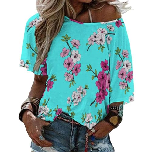 Off Shoulder Mid Sleeve Top Flowy Soft Women's Shirt Daily Wear Fashion Spring Blossom Cherry Peach Flower Pattern 3XL