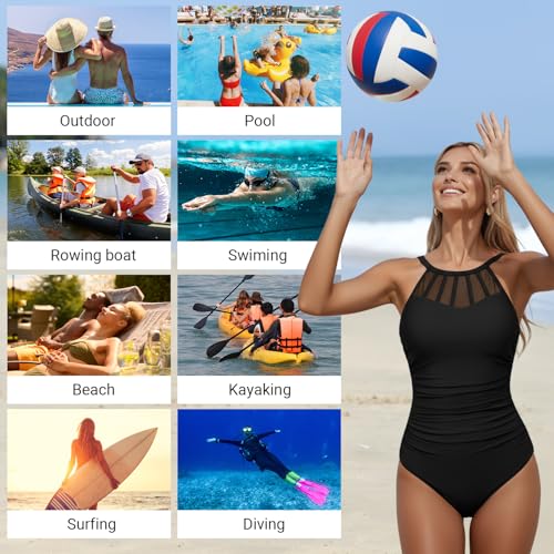 Holipick Black Women Tummy Control One Piece Swimsuit Modest Bathing Suit Full Coverage High Neck Swimwear M