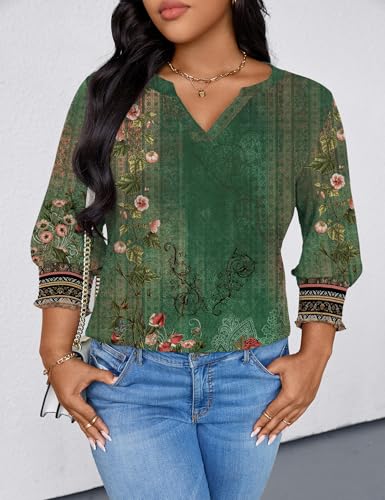 TFSDOD Boho Tops for Women Spring Fashion 2026 3/4 Sleeve V Neck T Shirts Womens Tops Plus Size Western Wear for Women Boho Green 3X