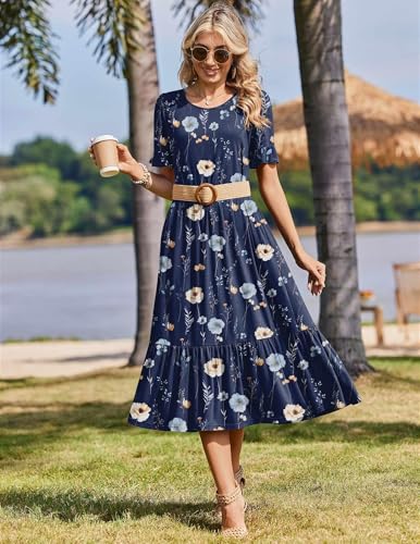 Zeagoo Womens Midi Dresses Spring 2026 Casual Summer Dress Floral Long Dress Ladies Tiered Summer Dresses with Pockets, Navy Floral 01,XL