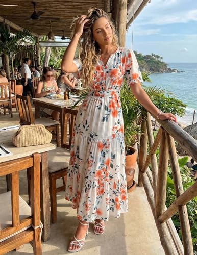 ZESICA Women's 2026 Summer Spring Floral Boho Maxi Dresses Casual Short Sleeve V Neck A Line Flowy Beach Vacation Dress Ivory Medium