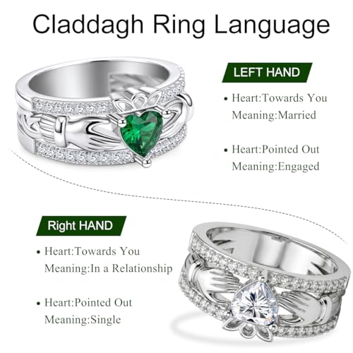 LYTTMAB Claddagh Ring For Men, Lab Created Green Emerald Sterling S925 Silver Irish Celtic Knot Ring Men's Wedding Band Promise Engagement Ring Size 9