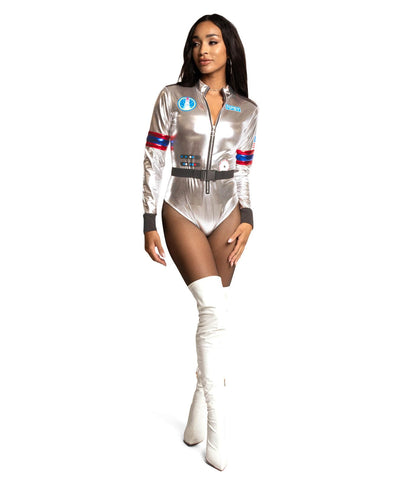 Women's Front Zip Halloween Bodysuit - Shiny Two Piece Astronaut Costume