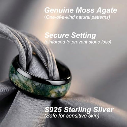 QHQPQ Natural Moss Agate Wedding Rings 925 Sterling Silver Engagement Ring for Men 10K Gold Moss Agate Promise Ring Anniversary Christmas Jewelry Gifts