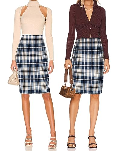 Kate Kasin Womens Pencil Skirt Knee Length Elastic Waist Stretchy Bodycon Business Plaid Skirt-Plaid Blue L