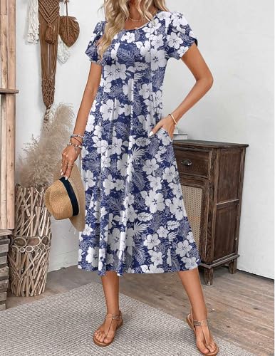 Zeagoo Boho Summer Dresses for Women 2026 Plus Size Midi Dress with Pockets Casual Floral Boho Dress, Deep Blue Flower,XXL