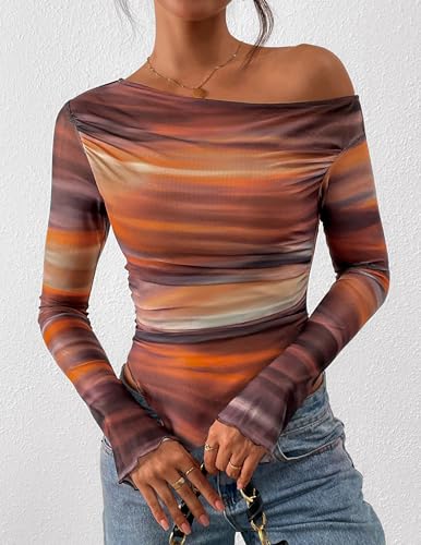 PRETTYGARDEN Womens Fall Trendy Off Shoulder Y2k Tops 2026 Tie Dye Mesh Long Sleeve Shirts Asymmetrical Ruched Floral Blouse (Floral Brown,Medium)
