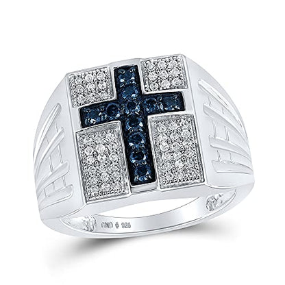 Jewels By Lux Sterling Silver Men's Round Blue Color Enhanced Diamond Cross Religious Ring 1/2 Cttw, Men's Size: 10.25