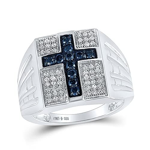 Jewels By Lux Sterling Silver Men's Round Blue Color Enhanced Diamond Cross Religious Ring 1/2 Cttw, Men's Size: 10.25